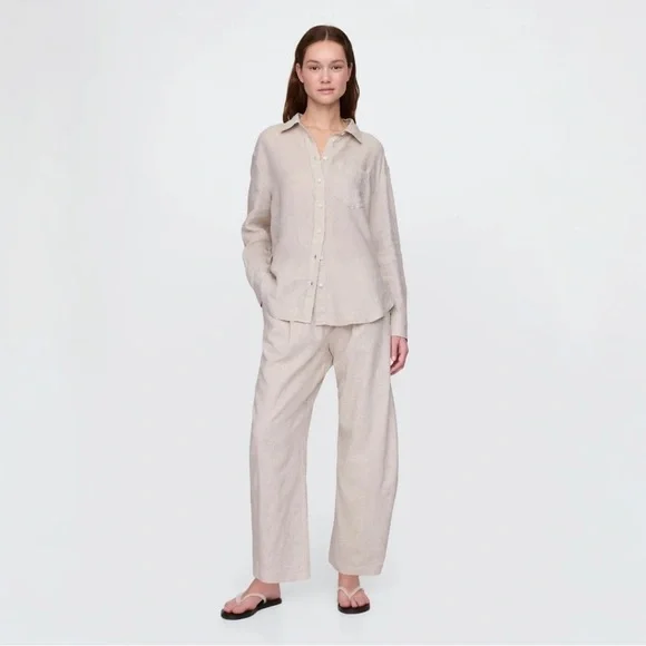 NWT GAP Mid Rise Linen-Blend Easy Barrel Pants Flax Linen Tan
